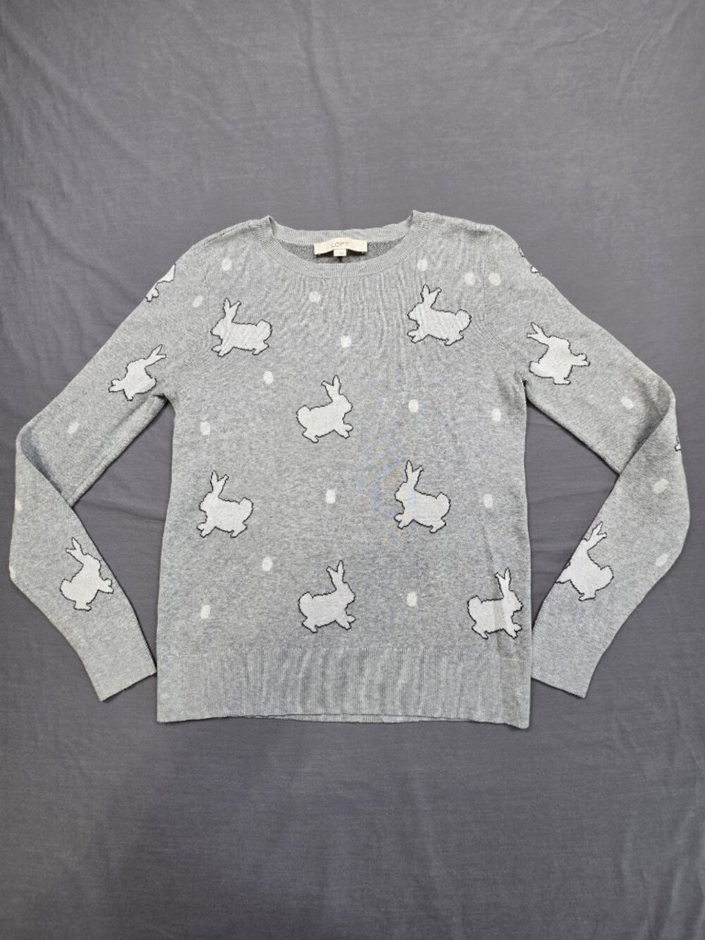 Loft Small Sweater Grey Bunny Rabbit Cotton Crewneck Knit Long Sleeve